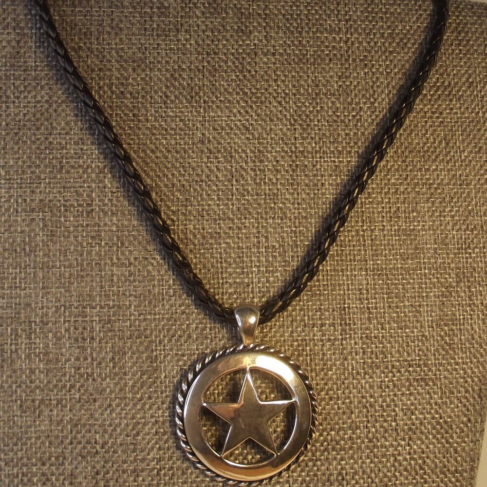 Silver Tone Star Pendant Texas Star - Southwestern Necklace Braided Leather